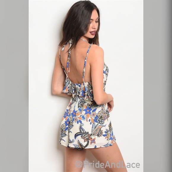 LAST 1️⃣ ☀️Cream\Blue Floral Romper☀️[PRICE FIRM] - Picture 2 of 3